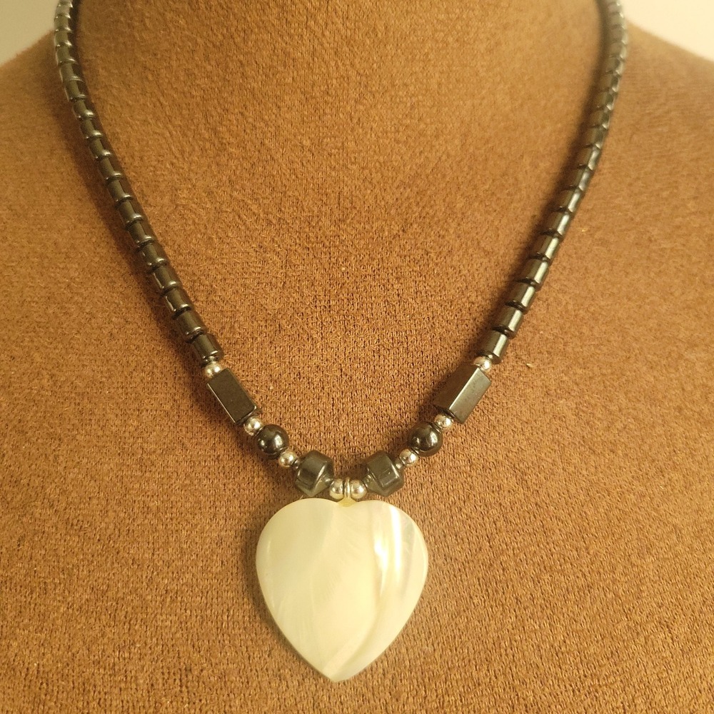 Hematite Beaded Necklace Mother of Pearl Heart Pendant Iridescent 18 Inch 18